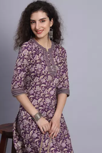 Largish cotton purple foil floral print, round neck straight kurta, with printed trouser