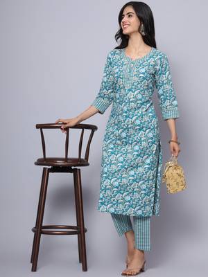 Largish cotton turquoise foil floral print, round neck straight kurta, with printed trouser 1