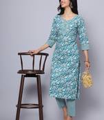 Largish cotton turquoise foil floral print, round neck straight kurta, with printed trouser