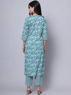 Largish cotton turquoise foil floral print, round neck straight kurta, with printed trouser 2