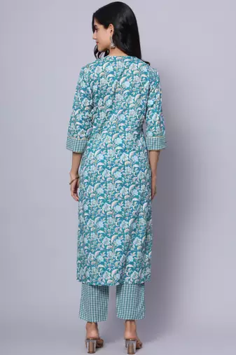 Largish cotton turquoise foil floral print, round neck straight kurta, with printed trouser