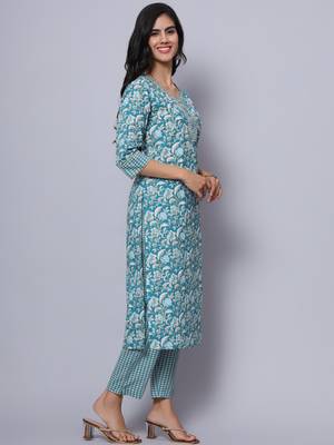 Largish cotton turquoise foil floral print, round neck straight kurta, with printed trouser 3
