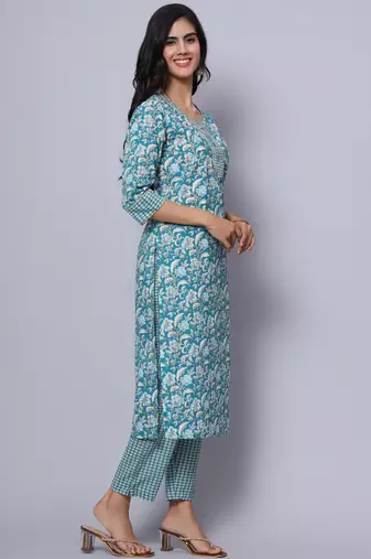Largish cotton turquoise foil floral print, round neck straight kurta, with printed trouser
