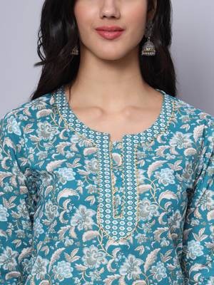 Largish cotton turquoise foil floral print, round neck straight kurta, with printed trouser 4