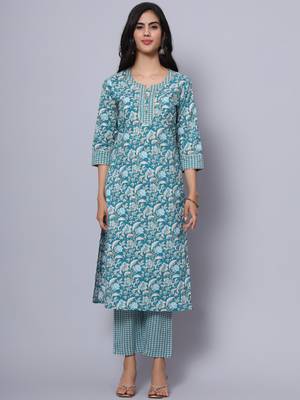 Largish cotton turquoise foil floral print, round neck straight kurta, with printed trouser 5