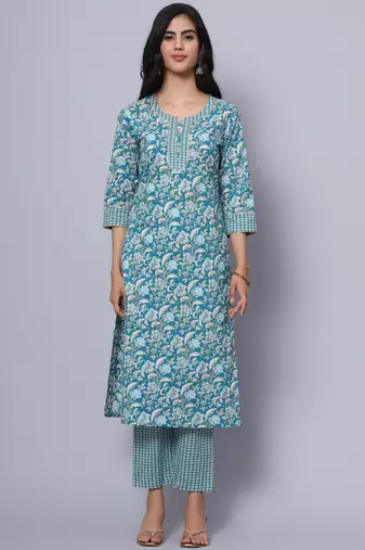 Largish cotton turquoise foil floral print, round neck straight kurta, with printed trouser