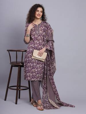 Largish cotton purple foil floral print, round neck kurta with printed trouser and printed cotton dupatta 1