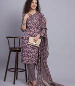 Largish cotton purple foil floral print, round neck kurta with printed trouser and printed cotton dupatta