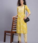 Largish cotton light yellow
 straight kurta with printed cotton trouser