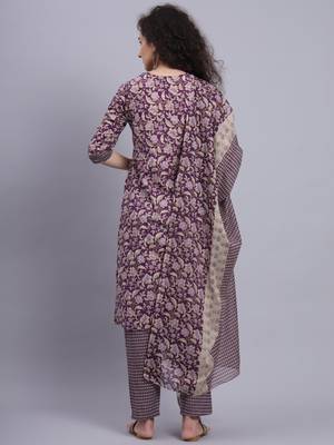 Largish cotton purple foil floral print, round neck kurta with printed trouser and printed cotton dupatta 2
