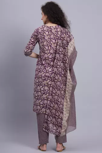 Largish cotton purple foil floral print, round neck kurta with printed trouser and printed cotton dupatta