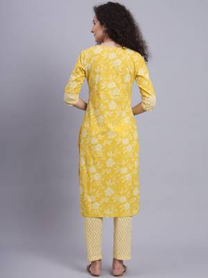 Largish cotton light yellow
 straight kurta with printed cotton trouser 2