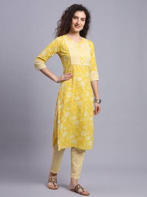 Largish cotton light yellow
 straight kurta with printed cotton trouser 3