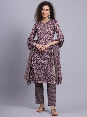 Largish cotton purple foil floral print, round neck kurta with printed trouser and printed cotton dupatta 5