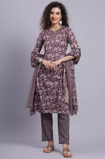 Largish cotton purple foil floral print, round neck kurta with printed trouser and printed cotton dupatta