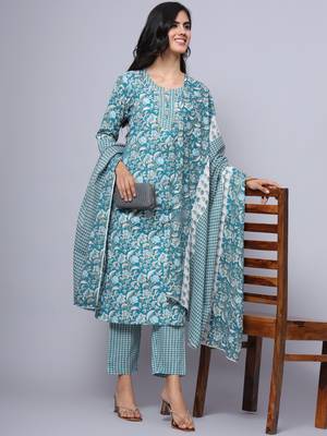 Largish cotton turquoise foil floral print, round neck straight kurta, with printed trouser and printed cotton dupatta 1