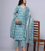 Largish cotton turquoise foil floral print, round neck straight kurta, with printed trouser and printed cotton dupatta