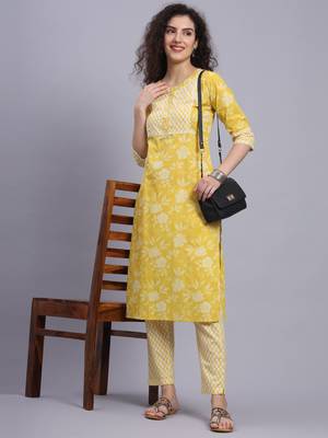 Largish cotton light yellow
 straight kurta with printed cotton trouser 5