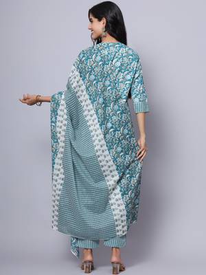 Largish cotton turquoise foil floral print, round neck straight kurta, with printed trouser and printed cotton dupatta 2