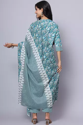 Largish cotton turquoise foil floral print, round neck straight kurta, with printed trouser and printed cotton dupatta