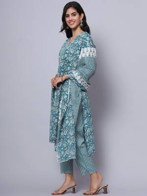 Largish cotton turquoise foil floral print, round neck straight kurta, with printed trouser and printed cotton dupatta 3