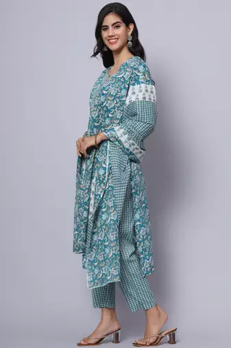 Largish cotton turquoise foil floral print, round neck straight kurta, with printed trouser and printed cotton dupatta