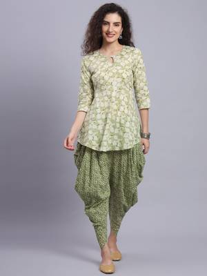 Largish women cotton green printed 
with elasticated printed dhoti pants 1