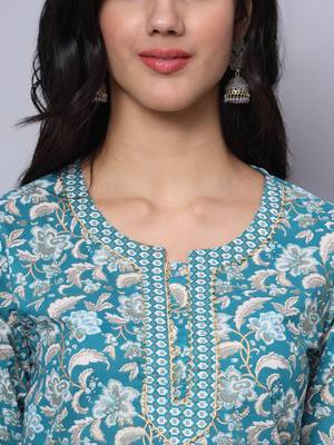 Largish cotton turquoise foil floral print, round neck straight kurta, with printed trouser and printed cotton dupatta 4