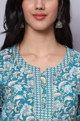 Largish cotton turquoise foil floral print, round neck straight kurta, with printed trouser and printed cotton dupatta