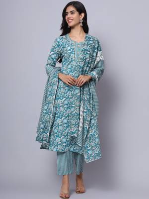 Largish cotton turquoise foil floral print, round neck straight kurta, with printed trouser and printed cotton dupatta 5