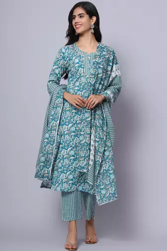 Largish cotton turquoise foil floral print, round neck straight kurta, with printed trouser and printed cotton dupatta