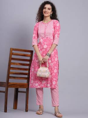 Largish cotton pink floral print
 kurta with printed cotton trouser 1