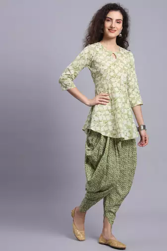 Largish women cotton green printed 
with elasticated printed dhoti pants