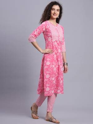Largish cotton pink floral print
 kurta with printed cotton trouser 3
