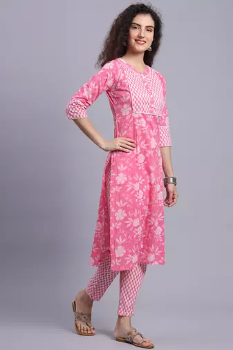 Largish cotton pink floral print
 kurta with printed cotton trouser