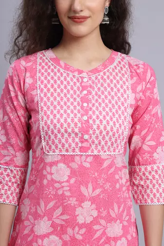 Largish cotton pink floral print
 kurta with printed cotton trouser