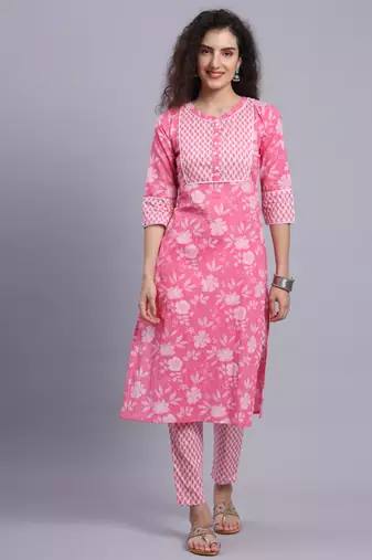Largish cotton pink floral print
 kurta with printed cotton trouser