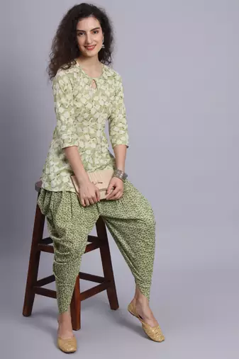 Largish women cotton green printed 
with elasticated printed dhoti pants
