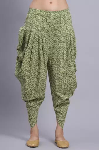 Largish women cotton green printed 
with elasticated printed dhoti pants