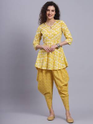 Largish women cotton yellow printed kurta 
 with printed dhoti pants 1