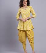 Largish women cotton yellow printed kurta 
 with printed dhoti pants