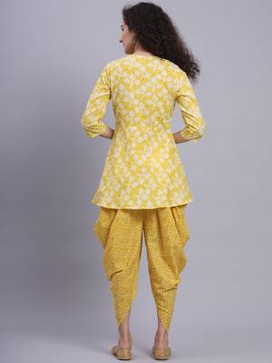 Largish women cotton yellow printed kurta 
 with printed dhoti pants 2