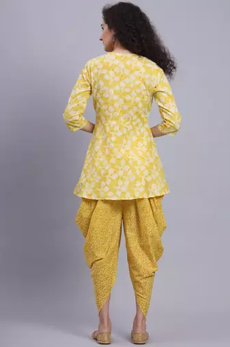 Largish women cotton yellow printed kurta 
 with printed dhoti pants