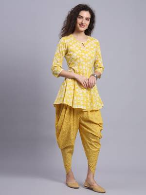 Largish women cotton yellow printed kurta 
 with printed dhoti pants 3