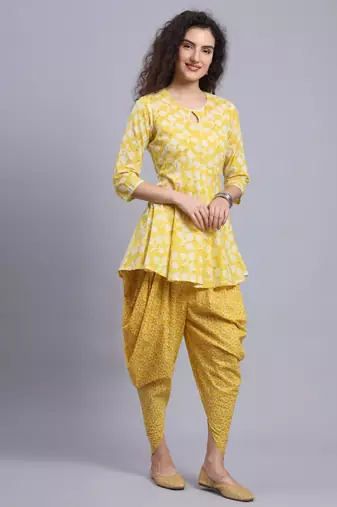 Largish women cotton yellow printed kurta 
 with printed dhoti pants