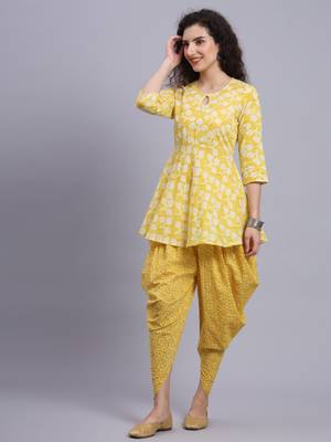 Largish women cotton yellow printed kurta 
 with printed dhoti pants 4