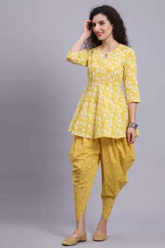 Largish women cotton yellow printed kurta 
 with printed dhoti pants