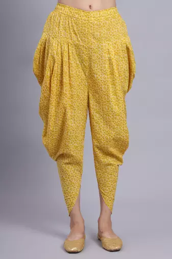 Largish women cotton yellow printed kurta 
 with printed dhoti pants