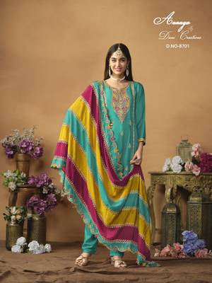 Turquoise embroidered chinon silk salwar suit with dupatta 1