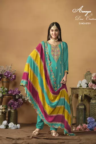Turquoise color chinon silk salwar suits with chinon silk dupatta